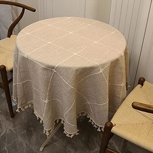 AYKANING Tafelkleed, tafelkleed Scandinavische stijl raster rond tafelkleed geborduurde kanten doeken wasbaar katoenen tafelkleed hoes voor bruiloft tafeldecoratie (kleur: kaki, maat: 70 cm)