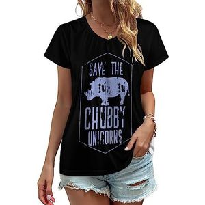 Save The Chubby Unicorns Dames V-hals T-shirts Leuke Grafische Korte Mouw Casual Tee Tops L