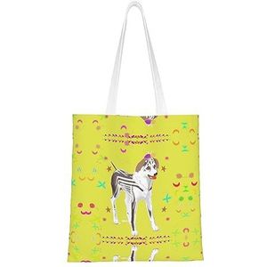 Schattige cartoon hond dames canvas draagtas, herbruikbare schoudertas, een mooi milieuvriendelijk cadeau voor meisjes, leraren, moeders., Cartoon Grijze en Witte Hond, Eén maat