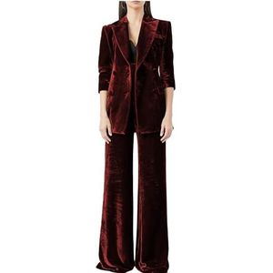 Fluwelen Broekpakken Vrouwen Dubbele Breasted Voering Dames Business Office Smoking Werkkleding Party Suits, Bordeaux, XS