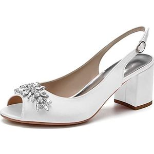 SYDZSW Bruidsschoenen Hoge Hakken Dikke Satijn Ivoor Sandalen Bruidsband met Strass 35-43, Wit, 43 EU