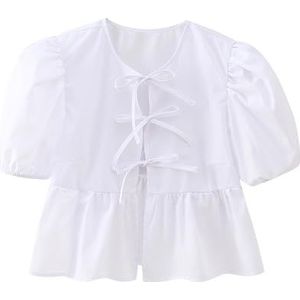 Vrouwen Tie Front Tops Puff Sleeve Babydoll Shirts Y2K Leuke Ruffle Peplum Uitgaan Top Blouse Trendy Kleding (Color : White C, Size : Large)