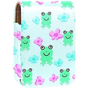Lachende kikkers draagbare lippenstift case voor op reis, mini lippenstift opbergdoos met spiegel voor vrouwen dames, lederen cosmetische etui, Meerkleurig, 9.5x2x7 cm/3.7x0.8x2.7 in