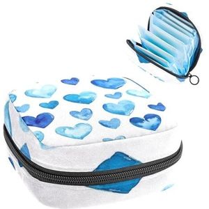 Opbergtas voor maandverband, kleurrijke aquablauwe aquarel harten patroon draagbare menstruatie pad tas, inlegkruisjes tampons maandverband opslag houder voor vrouwen school kantoor