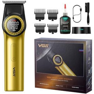 VGR 977 Professionele Tondeuse voor Mannen, 8000 Omw/min T-Blade Trimmer, Draadloze Kappersnijder met Nulafstand, Oplaadbare Randkappers met LED-Display, Goud