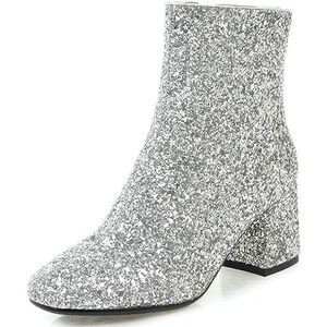 Damesmode lovertjes enkellaarsjes, prachtig comfort ronde neus blokhakken glitter laarsjes, sexy metallic podium catwalk party trouwschoenen,3silver,39 EU