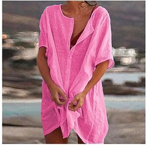 Strandjurk voor dames, zee, sexy badpak, strandjurk, strandjurk voor dames, van katoen, casual, lange blouse met korte mouwen, effen strandjurk (kleur: roze, maat