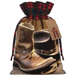 Cowboyhoed en laarzen patchwork jute trekkoord geschenktas-artistieke stof geschenkzakje perfect voor feestelijke gelegenheden