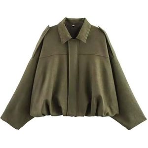 RVUEM Faux Suede Jacket, Women Oversized Long Sleeve, Casual Lapel Pilot Cropped Coat, Oversized Motorcycle Jackets, for Spring Autumn,Army green,L