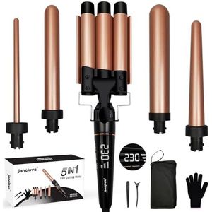 Krultang, 10-32 mm, 5-in-1 voor grote en kleine krullen, toermalijn keramiek, 25 mm golvend ijzer voor lang haar, 80-230 °C, instelbare krultang, 3-delige set met handschoen, clips, nylon tas (brons)