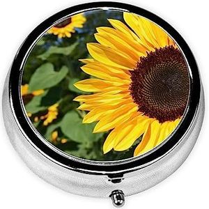 Zonnebloem Gedrukt Pil Organizer Pil Doos Pil Case Draagbare voor Portemonnee Pocket Ronde Metalen Pil Houder Organizer voor Dagelijkse Geneeskunde