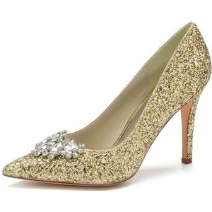 SYDZSW Bruiloftsschoenen Naald Hak Ivoor Glitter Bruidsschoenen Hoge Hakken Sandaal Bruidsband met Strass 35-43, Goud, 43 EU