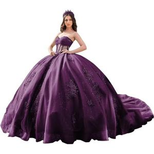 Fuomomo Quinceanera Prinsessenjurk met ruches en staart Quinceanera jurk van tule met parels schattige jurk 16 MT052, Plum, 44