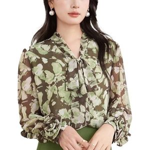 ROUZIHU Damesshirt met lange mouwen, chiffon shirt met print, voor woon-werkverkeer en lange mouwen, damesshirt, Vert, XXL