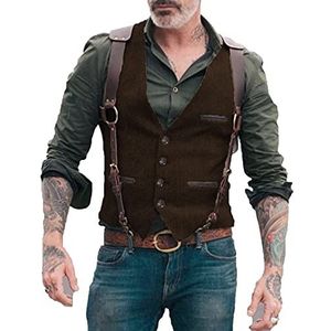 BYLUNTA Hunting Tweed vest voor heren, vintage, retro, V-hals, bruiloft, zakelijk, slim fit, party, wol, S-3XL, koffie, L