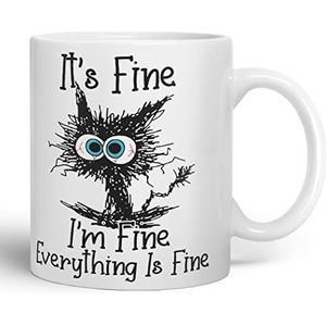 Vixar It's Fine I'm Fine Everything is fine Cat Joke Gekleurde Mok Cup Gift Verjaardag Werk Kantoor Kerst Thee Koffie (Wit)