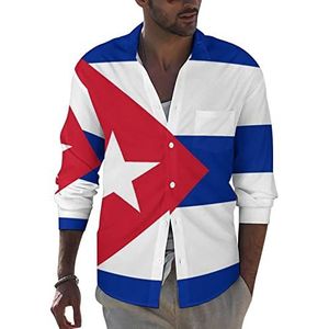 Vlag van Cuba heren button-down shirt met lange mouwen casual strand tops met zak normale pasvorm