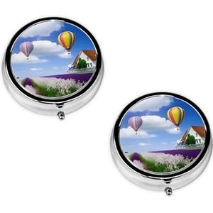 Lavendel hete luchtballon schattig klein rond pillendoosje - 3 compartimenten reispillenetui, gepersonaliseerde draagbare medicijnorganizer voor portemonnee en zak