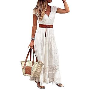 Dames Zomer Boho Jurk Sexy V Nek Mesh Panelen Strand Maxi Jurk,Wit,M