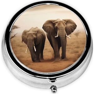 Wilde dieren olifanten print pillendoos 3 compartimenten ronde pillendoos met spiegel metalen pillenorganizer reizen pillendoos mini medicijn opbergdoos voor zak portemonnee