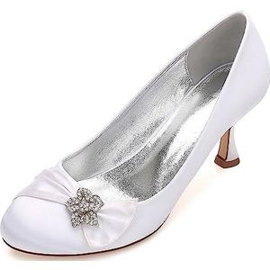 EICOFF Vrouwen Ronde Teen Kitten Hak Trouwschoenen met Strass Slip Op Pompen Satijn Bruiloft Bruids Schoenen,Wit,36 EU