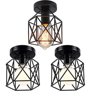 iDEGU Set van 3 industriële plafondlampen, 15 cm kroonluchter smederijzer, zwart, kooi, hanglamp, voor slaapkamer, entree, café, bar (3 stuks)