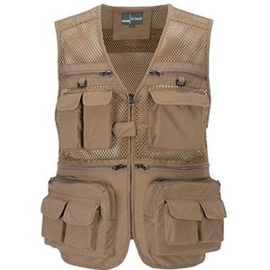OlyljpinZ Vissersvest voor heren, outdoor, meerdere zakken, ademend, sneldrogend, mouwloos jack, casual, licht netvest, verslaggever, jacht, fotografen, jassen, Kaki, M