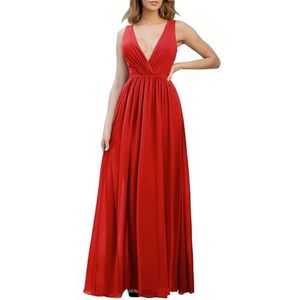 WSEYU Spaghetti Bandjes Chiffon Bruidsmeisjesjurken voor Bruiloft Diepe V-hals Prom Jurken Halter Formele Jurk, Rood, 56 NL/Plus