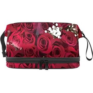 Dubbele Laag Cosmetische Tas Boeket Bloemen Rode Rose Aquarel Draagbare Make-up Tas Reizen Organizer Pouch Voor Vrouwen Meisjes Toiletartikelen Tassen, Meerkleurig, 27x15x14 cm/10.6x5.9x5.5 in, Make-up zakje