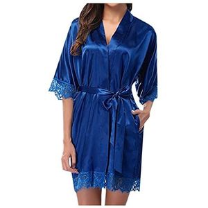 KOUYA Ochtendjas satijn dames badjas met kant een nachthemd sensuele doorschijnende badjas met een mooie snit met zak, donkerblauw, S
