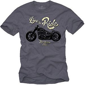 MAKAYA Vintage Biker T-Shirt Heren met Print - Live To Ride Motorkleding Motorfiets Accessoires Blauw Grijs XXL