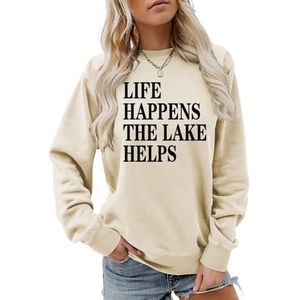 MLZHAN Life Happens The Lake helpt afdrukken vrouwen sweatshirt lange mouw mode sweatshirts ademende losse pasvorm truien, Beige, L
