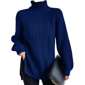 Lmtossey Herfst en winter oversized coltrui casual gebreide trui dames split raglan mouw trui, Blauw, S