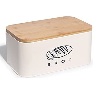 Theo&Cleo Broodtrommel met deksel, deksel van ecologisch bamboe, kan worden gebruikt als snijplank, ruime retro broodtrommel van metaal, lang bewaren en vers houden, 30 cm x 18 cm x 14 cm, beige