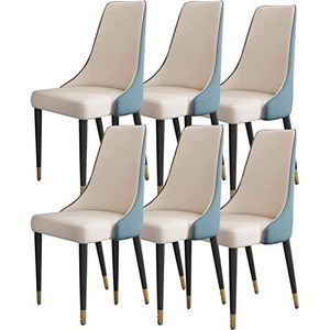 GEIRONV Eetkamerstoel set van 6, keuken microvezel lederen woonkamer zijstoelen houten poten ergonomie zitting Eetstoelen (Color : Blue White, Size : 92 * 48 * 45cm)