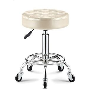 FXLUHAY Ronde rollende salonkruk in hoogte verstelbare draaibare kruk, kantoornagel pedicure-kruk opstellen krukken stoel met wielen en bredere ronde zitting voor medische spa esthetiek (wit)