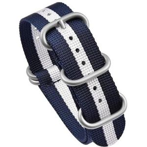 InOmak Nylon band, 20/22 mm, geweven stof armband, Blauw Wit, 20mm Silver Buckle, strepen