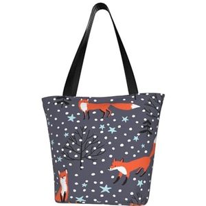 BeNtli Schoudertas, canvas draagtas grote tas vrouwen casual handtas herbruikbare boodschappentassen, rode vos in de nacht, zoals afgebeeld, Eén maat
