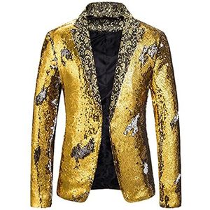 DSDFSVEW Luxe Koninklijke Blauwe Pailletten Glitter Blazer Mannen Bloem Revers Conversie Blazer Nachtclub Stage Singers Jas, Goud1, XL