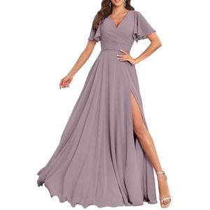 Chiffon bruidsmeisjesjurken voor dames, met split, lange baljurken, cocktailjurken, grote maten, Wisteria, 32