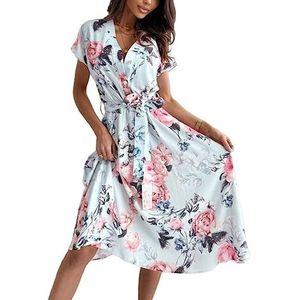 Zomerjurk Voor Dames,Dames Zomerjurk Vintage Roze Rode Print Knielange Jurk Elegante Korte Mouwen V-Hals Midi-Jurk Met Riem Boho A-Lijn Swingjurk Strand Cocktailparty-Jurken,Lichtblauw,S