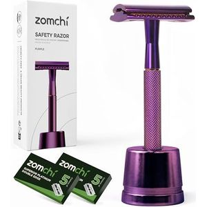ZOMCHI Dubbelzijdig veiligheidsscheermes voor dames en heren met 10 mesjes, milieuvriendelijk scheermes met scheerstandaard, metalen scheermes met prachtig handvat (Paars)
