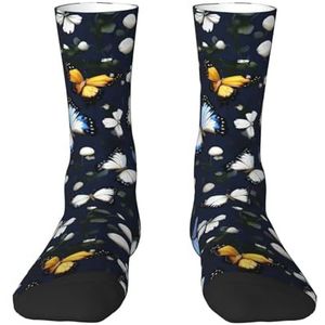 Longyiyi Witte bloemen met blauwe vlinderprint Volwassen Kleurrijke halflange sokken met man en vrouw voor dagelijks gebruik, casual, sport., 2 Zwart-2, One size