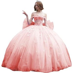 Fuomomo Quinceanera-jurk met dunne bandjes en vlinderglitter, Quinceanera-jurk met vlinders en grote strik, baljurk van kant met parels MT053, Blush Roze, 36