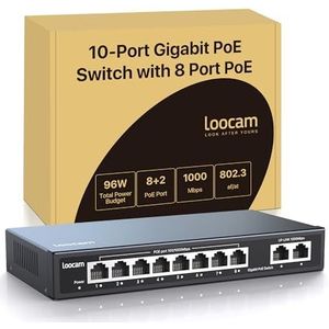 Loocam 8-poorts Gigabit PoE-switch, 8 PoE+ poorten met 2 uplink Gigabit poort, 1000 Mbps onbeheerde ethernetswitch voor 96 W, IEEE802.3af/at, metalen behuizing, tafel- of wandmontage, plug & play