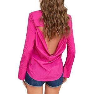 dames topjes Dames uitgesneden gedrapeerd rugshirt Fel roze casual shirt met lange mouwen (Color : Hot Pink, Size : X-Small)