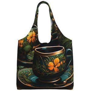 VducK Groene Wijnstok Plant Canvas Tote Bags Voor Vrouwen Herbruikbare Boodschappen Winkelen Doek Zakken Lichtgewicht Schouder Canvas Tas, Groene Cup, Eén maat