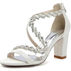 KYEGLO Dames Sandalen Met Open Teen Van Satijn, Bruidsschoenen Met Strass Steentjes En Ritssluiting, Comfortabele Schoenen Voor Wandelen En Dagelijks Gebruik,ivoor,36