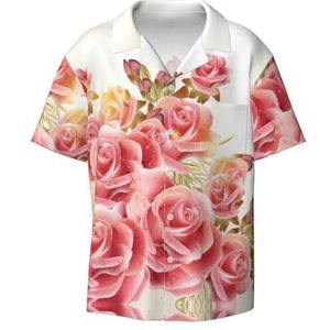 OdDdot Roze Rose Bloesem Print Heren Jurk Shirts Atletische Slim Fit Korte Mouw Casual Business Button Down Shirt, Zwart, S