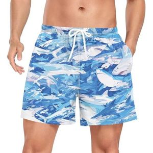 Niigeu Camouflage Blue Shark Fish Zwembroek voor heren, sneldrogend, met zakken, Leuke mode, XXL